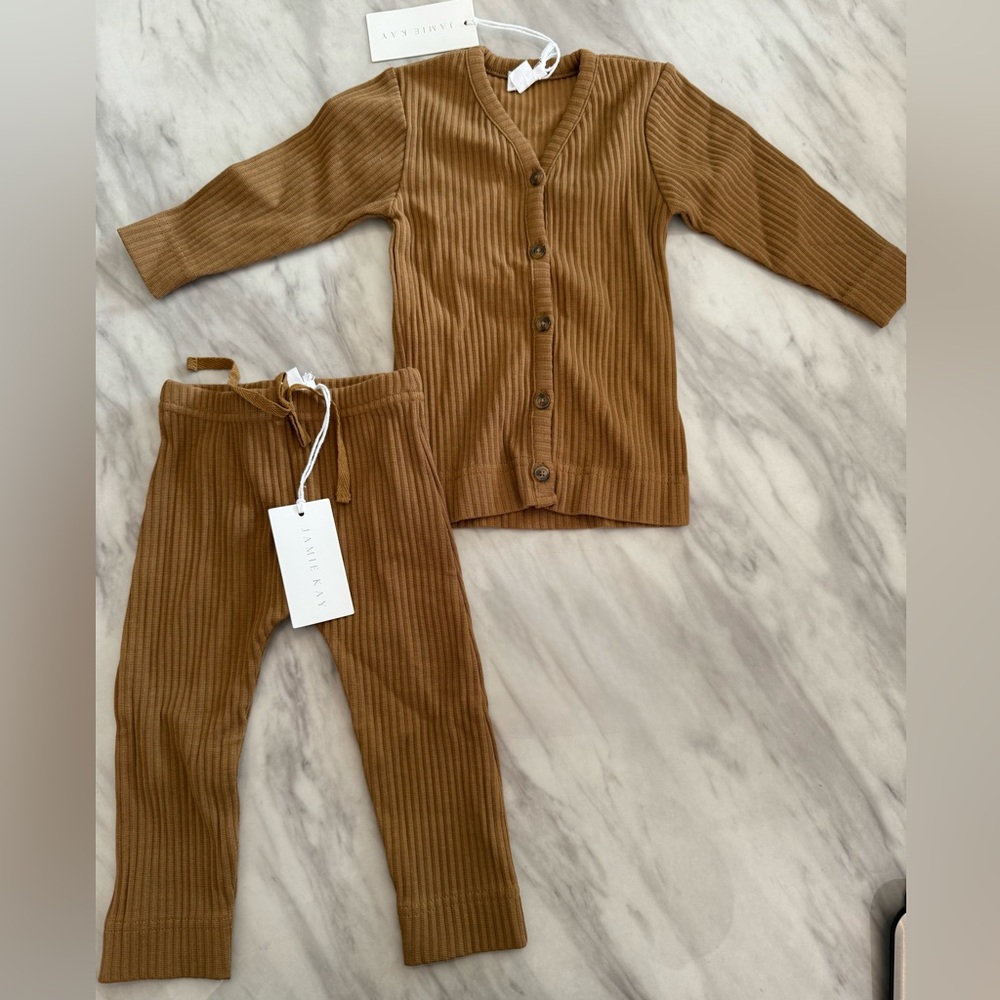 NWT Jamie Kay Brown Ribbed Baby Cardigan and Pants Set